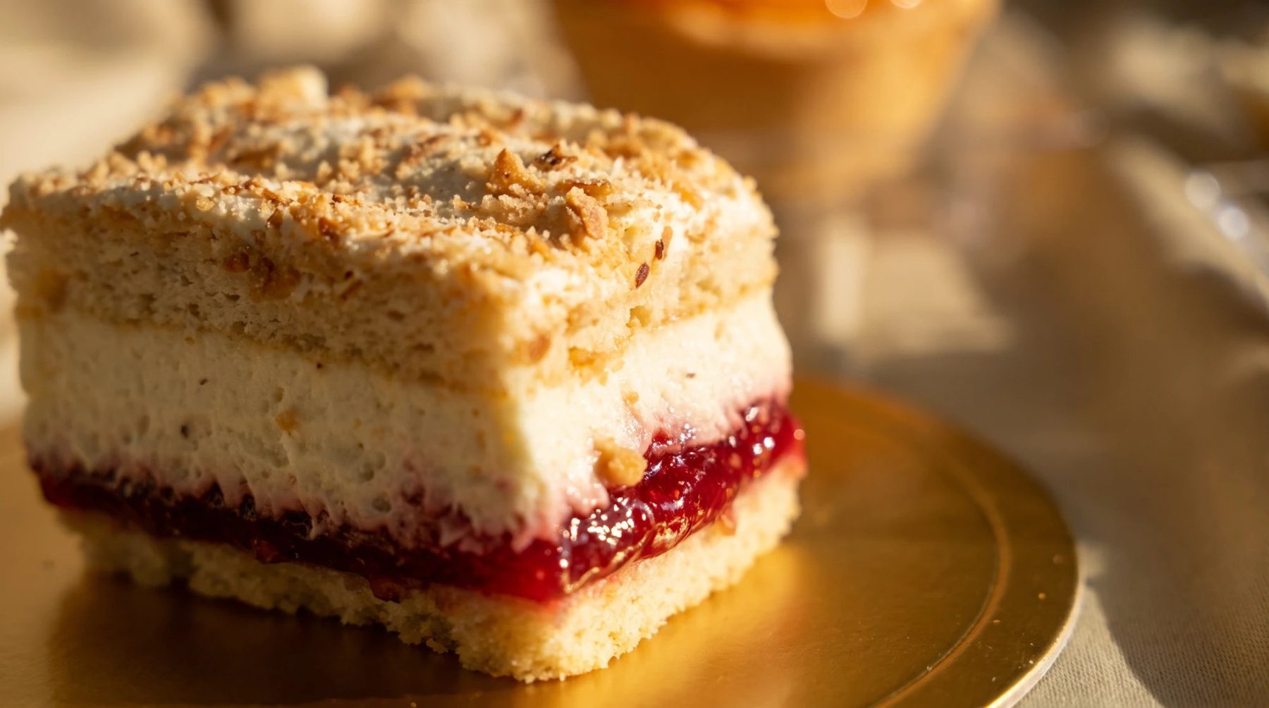 A layered coconut cake with berry filling