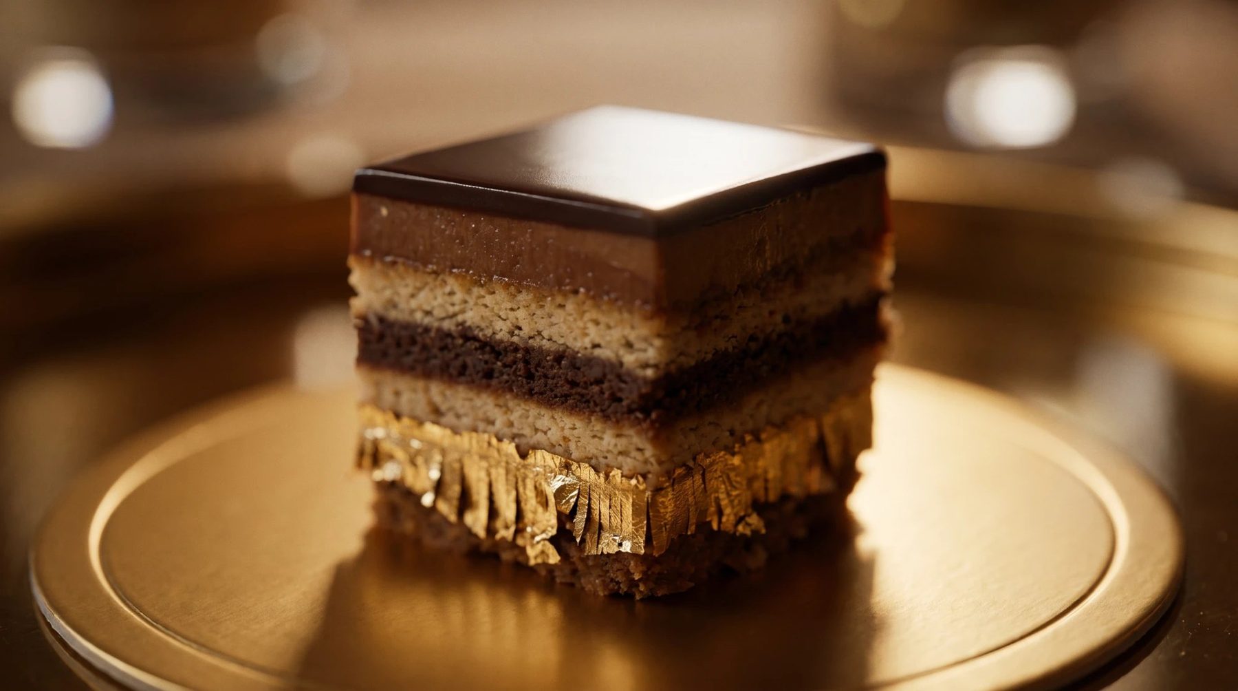 A layered chocolate dessert with gold leaf